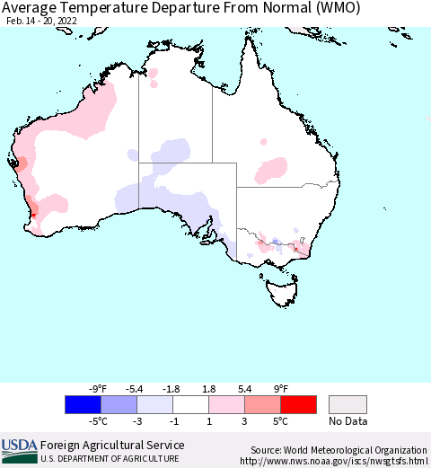 Australia Average Temperature Departure from Normal (WMO) Thematic Map For 2/14/2022 - 2/20/2022