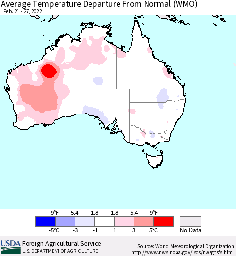 Australia Average Temperature Departure from Normal (WMO) Thematic Map For 2/21/2022 - 2/27/2022