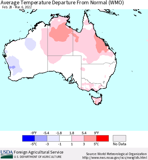Australia Average Temperature Departure from Normal (WMO) Thematic Map For 2/28/2022 - 3/6/2022