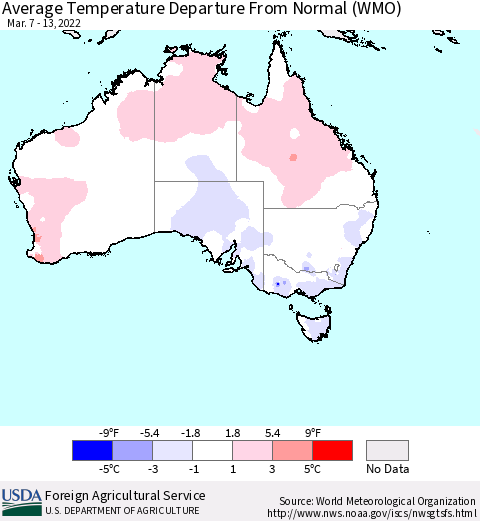 Australia Average Temperature Departure from Normal (WMO) Thematic Map For 3/7/2022 - 3/13/2022
