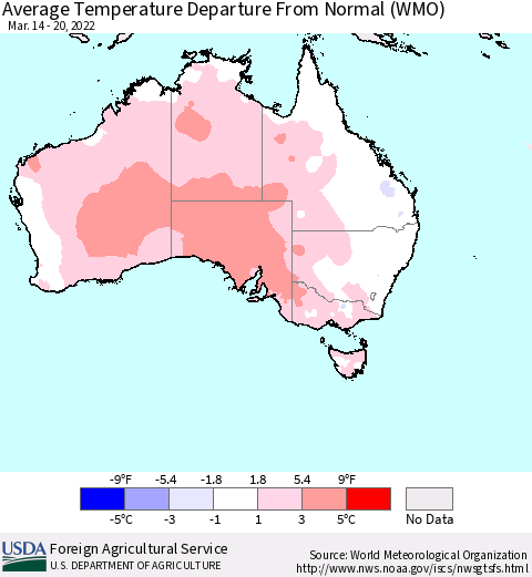 Australia Average Temperature Departure from Normal (WMO) Thematic Map For 3/14/2022 - 3/20/2022