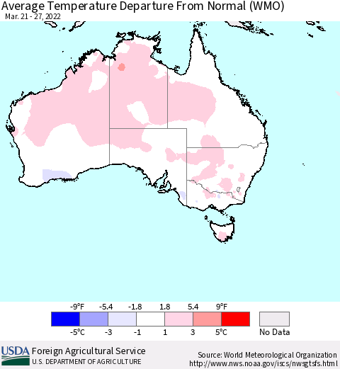 Australia Average Temperature Departure from Normal (WMO) Thematic Map For 3/21/2022 - 3/27/2022