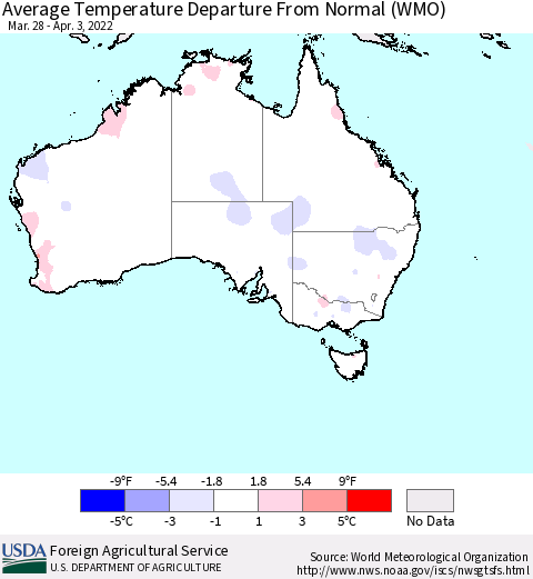Australia Average Temperature Departure from Normal (WMO) Thematic Map For 3/28/2022 - 4/3/2022