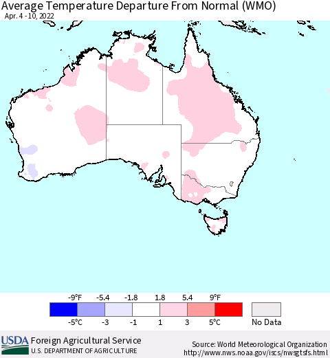 Australia Average Temperature Departure from Normal (WMO) Thematic Map For 4/4/2022 - 4/10/2022