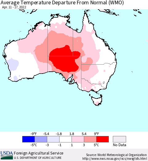 Australia Average Temperature Departure from Normal (WMO) Thematic Map For 4/11/2022 - 4/17/2022