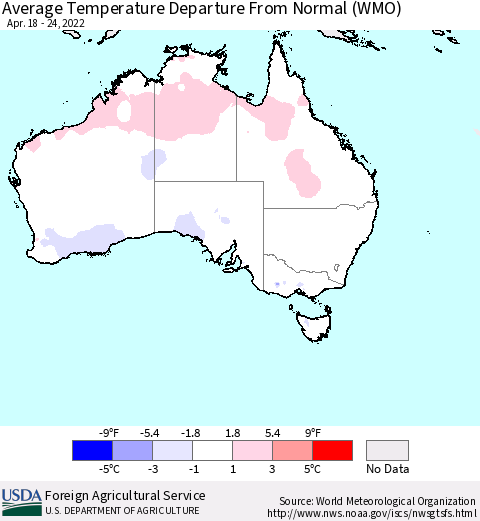 Australia Average Temperature Departure from Normal (WMO) Thematic Map For 4/18/2022 - 4/24/2022