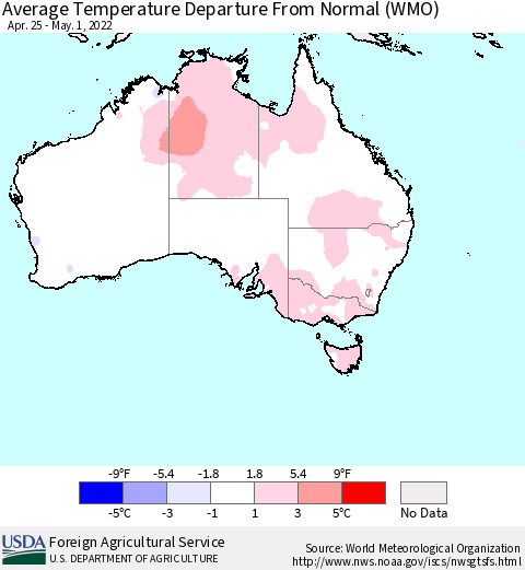 Australia Average Temperature Departure from Normal (WMO) Thematic Map For 4/25/2022 - 5/1/2022