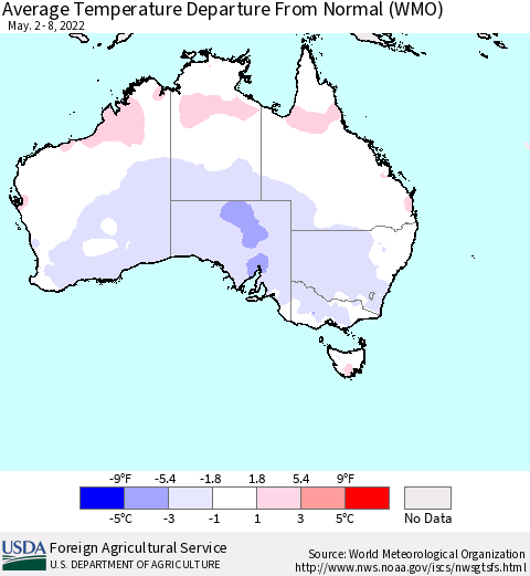 Australia Average Temperature Departure from Normal (WMO) Thematic Map For 5/2/2022 - 5/8/2022