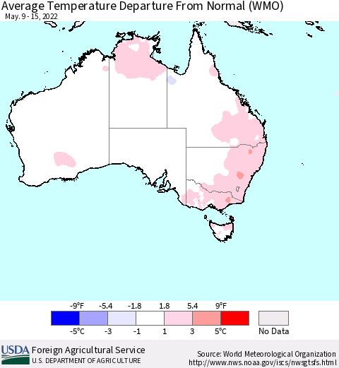 Australia Average Temperature Departure from Normal (WMO) Thematic Map For 5/9/2022 - 5/15/2022