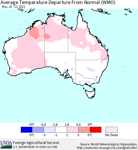 Australia Average Temperature Departure from Normal (WMO) Thematic Map For 5/16/2022 - 5/22/2022
