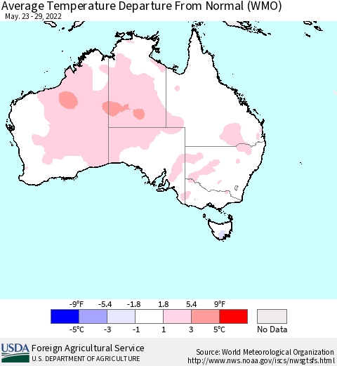 Australia Average Temperature Departure from Normal (WMO) Thematic Map For 5/23/2022 - 5/29/2022