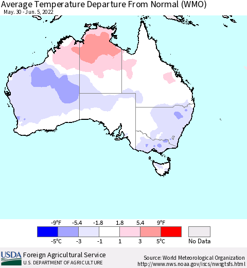Australia Average Temperature Departure from Normal (WMO) Thematic Map For 5/30/2022 - 6/5/2022