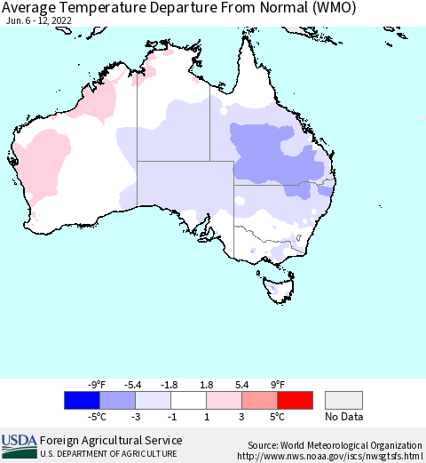 Australia Average Temperature Departure from Normal (WMO) Thematic Map For 6/6/2022 - 6/12/2022