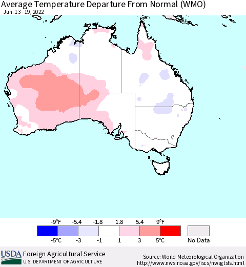 Australia Average Temperature Departure from Normal (WMO) Thematic Map For 6/13/2022 - 6/19/2022