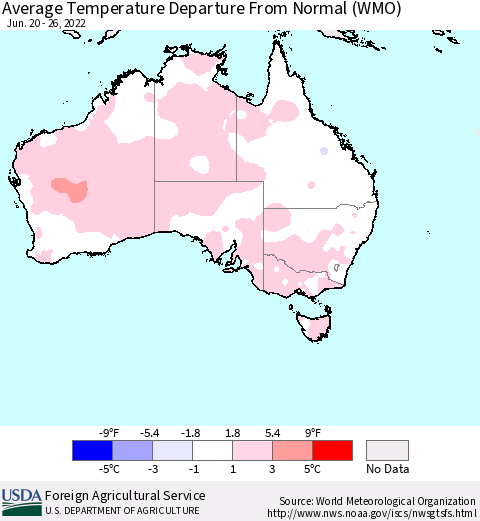 Australia Average Temperature Departure from Normal (WMO) Thematic Map For 6/20/2022 - 6/26/2022