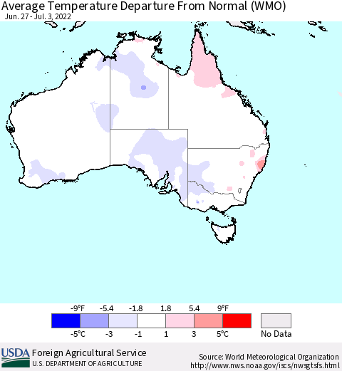 Australia Average Temperature Departure from Normal (WMO) Thematic Map For 6/27/2022 - 7/3/2022