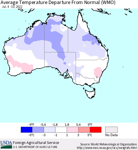 Australia Average Temperature Departure from Normal (WMO) Thematic Map For 7/4/2022 - 7/10/2022