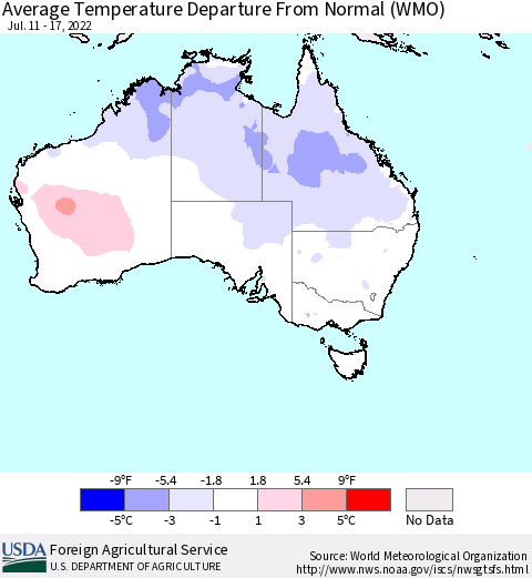 Australia Average Temperature Departure from Normal (WMO) Thematic Map For 7/11/2022 - 7/17/2022