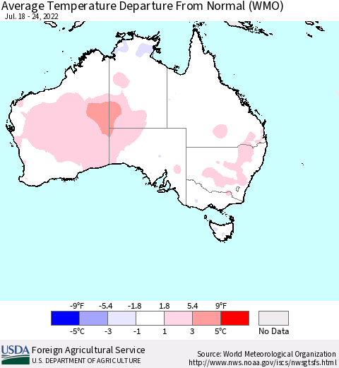 Australia Average Temperature Departure from Normal (WMO) Thematic Map For 7/18/2022 - 7/24/2022