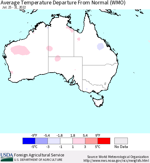 Australia Average Temperature Departure from Normal (WMO) Thematic Map For 7/25/2022 - 7/31/2022