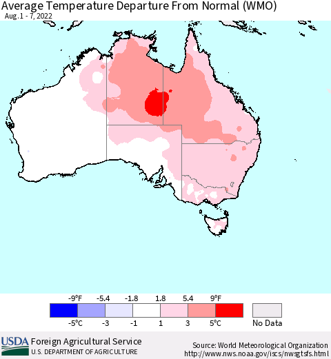 Australia Average Temperature Departure from Normal (WMO) Thematic Map For 8/1/2022 - 8/7/2022