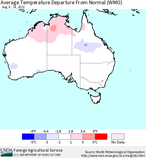 Australia Average Temperature Departure from Normal (WMO) Thematic Map For 8/8/2022 - 8/14/2022