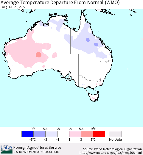 Australia Average Temperature Departure from Normal (WMO) Thematic Map For 8/15/2022 - 8/21/2022