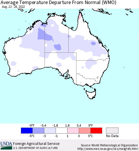 Australia Average Temperature Departure from Normal (WMO) Thematic Map For 8/22/2022 - 8/28/2022