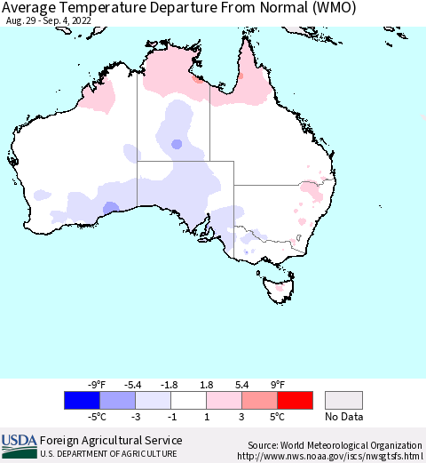 Australia Average Temperature Departure from Normal (WMO) Thematic Map For 8/29/2022 - 9/4/2022