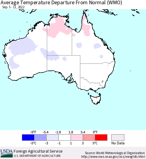Australia Average Temperature Departure from Normal (WMO) Thematic Map For 9/5/2022 - 9/11/2022