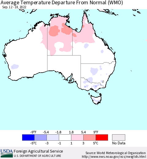 Australia Average Temperature Departure from Normal (WMO) Thematic Map For 9/12/2022 - 9/18/2022
