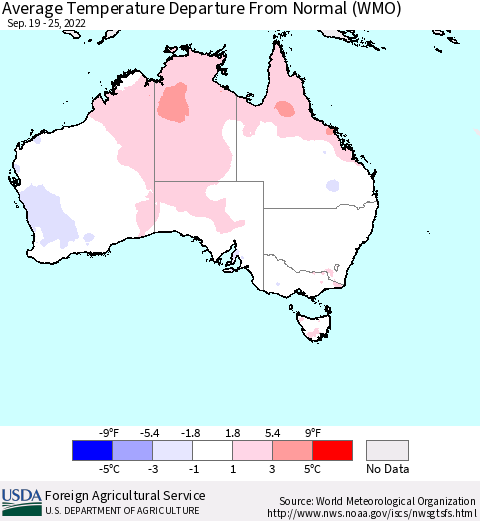 Australia Average Temperature Departure from Normal (WMO) Thematic Map For 9/19/2022 - 9/25/2022