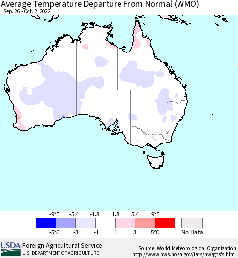 Australia Average Temperature Departure from Normal (WMO) Thematic Map For 9/26/2022 - 10/2/2022