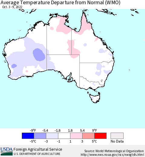 Australia Average Temperature Departure from Normal (WMO) Thematic Map For 10/3/2022 - 10/9/2022