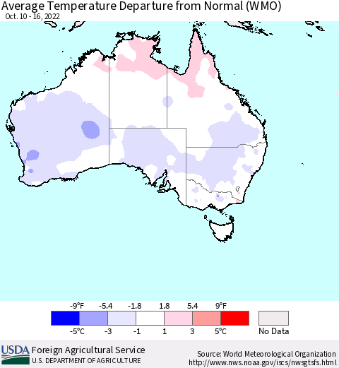 Australia Average Temperature Departure from Normal (WMO) Thematic Map For 10/10/2022 - 10/16/2022