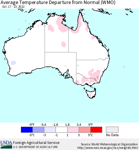 Australia Average Temperature Departure from Normal (WMO) Thematic Map For 10/17/2022 - 10/23/2022