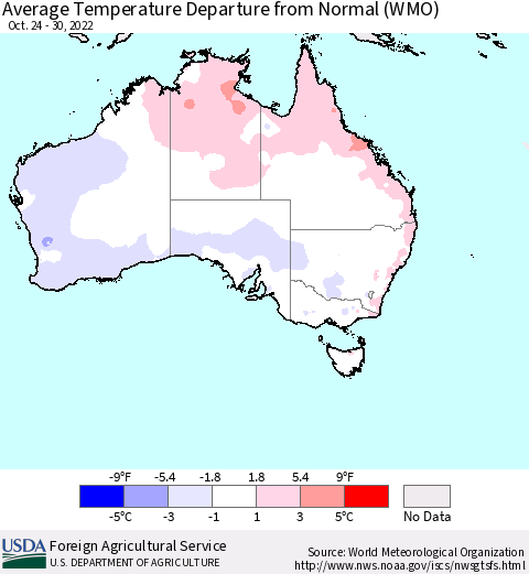 Australia Average Temperature Departure from Normal (WMO) Thematic Map For 10/24/2022 - 10/30/2022