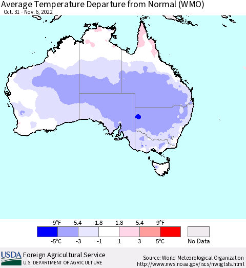 Australia Average Temperature Departure from Normal (WMO) Thematic Map For 10/31/2022 - 11/6/2022