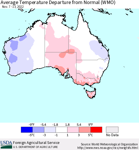 Australia Average Temperature Departure from Normal (WMO) Thematic Map For 11/7/2022 - 11/13/2022