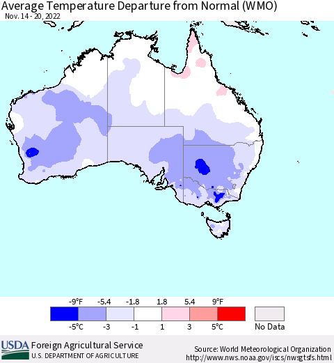 Australia Average Temperature Departure from Normal (WMO) Thematic Map For 11/14/2022 - 11/20/2022