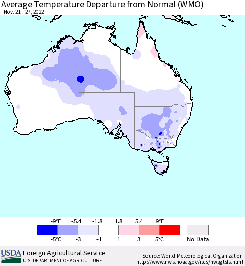 Australia Average Temperature Departure from Normal (WMO) Thematic Map For 11/21/2022 - 11/27/2022