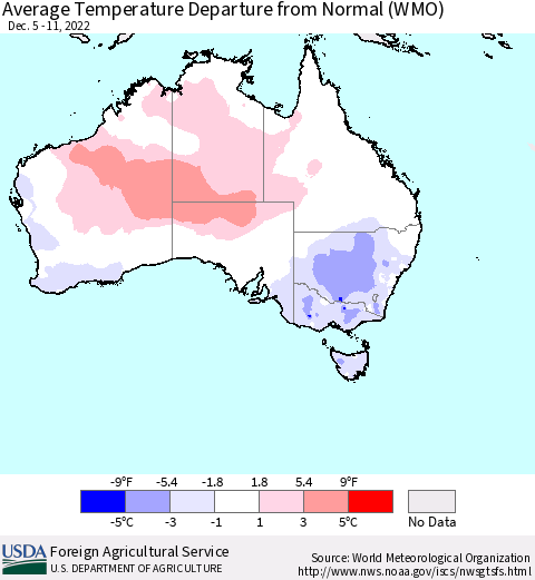 Australia Average Temperature Departure from Normal (WMO) Thematic Map For 12/5/2022 - 12/11/2022