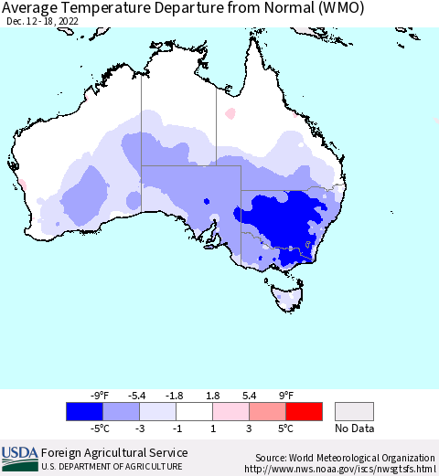 Australia Average Temperature Departure from Normal (WMO) Thematic Map For 12/12/2022 - 12/18/2022