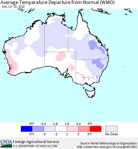 Australia Average Temperature Departure from Normal (WMO) Thematic Map For 12/19/2022 - 12/25/2022