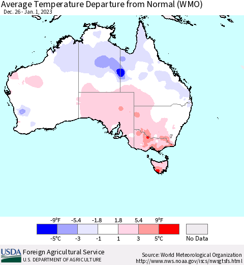 Australia Average Temperature Departure from Normal (WMO) Thematic Map For 12/26/2022 - 1/1/2023