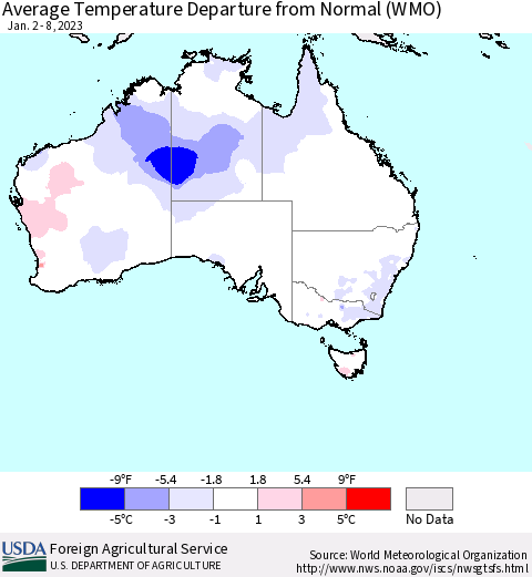 Australia Average Temperature Departure from Normal (WMO) Thematic Map For 1/2/2023 - 1/8/2023