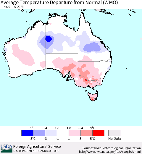 Australia Average Temperature Departure from Normal (WMO) Thematic Map For 1/9/2023 - 1/15/2023