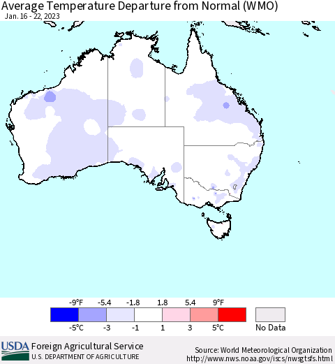 Australia Average Temperature Departure from Normal (WMO) Thematic Map For 1/16/2023 - 1/22/2023