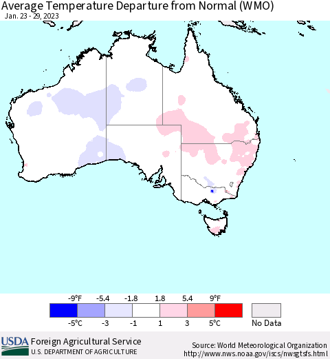 Australia Average Temperature Departure from Normal (WMO) Thematic Map For 1/23/2023 - 1/29/2023