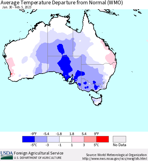 Australia Average Temperature Departure from Normal (WMO) Thematic Map For 1/30/2023 - 2/5/2023